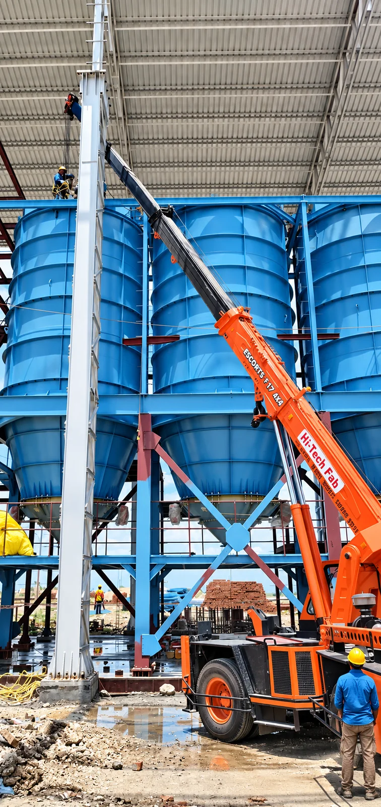 Aquasub Engineering Unit V Foundry project photograph 4: Hopper and silo structures under erection with crane support.
