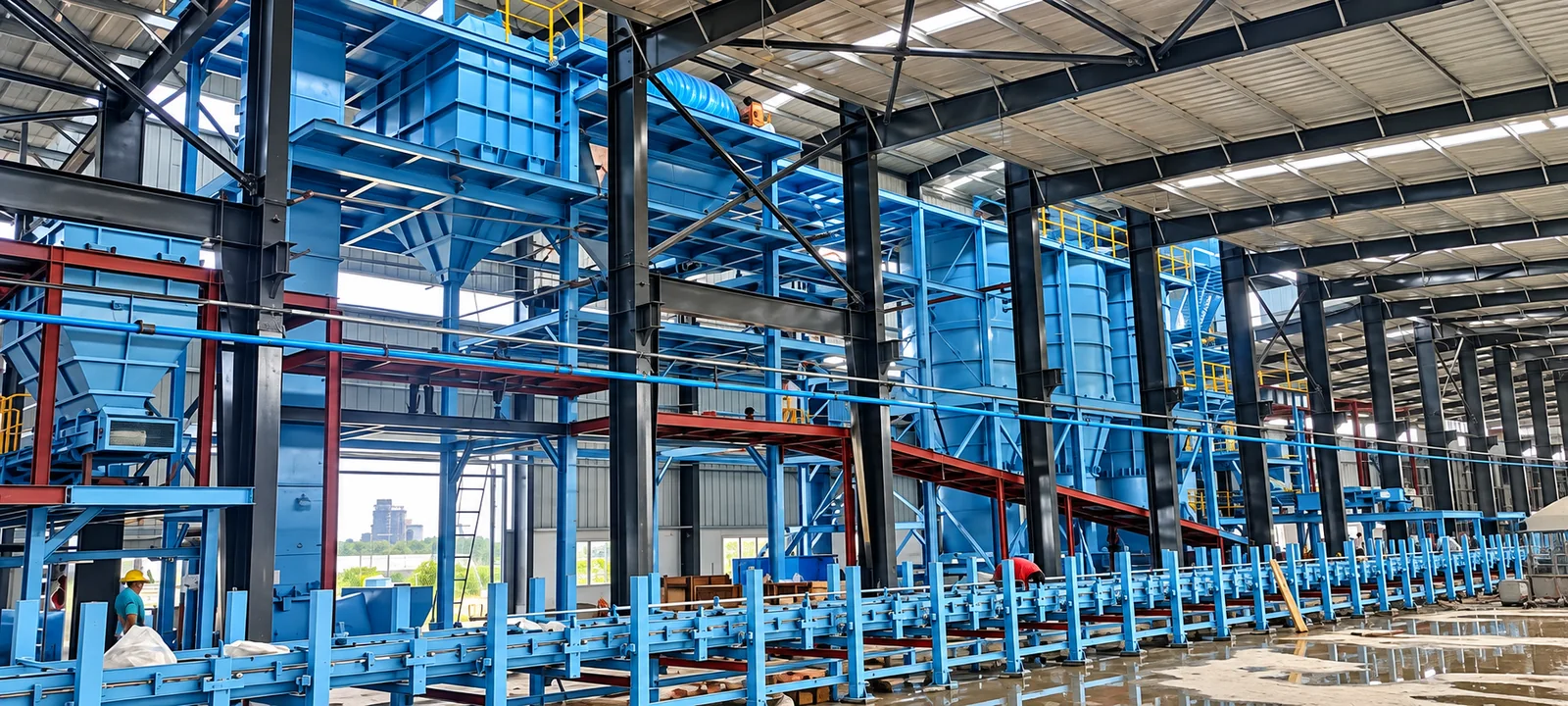 Aquasub Engineering Unit V Foundry project photograph 8: Near-complete production line with integrated conveyors, ducts and process equipment.