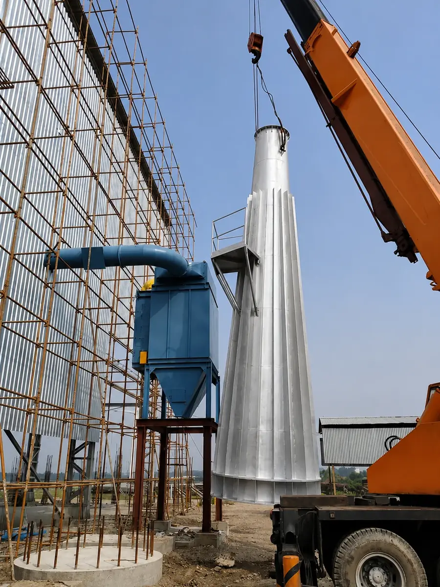 Hi-Tech Fab chimney section being lifted into position during site erection